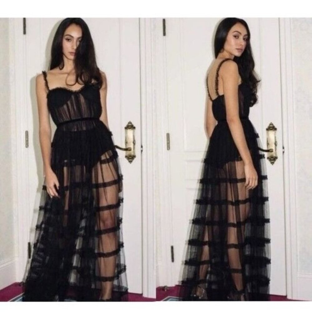 NWT Sau Lee Camille Tulle Ruffle Gown 4 Black Sheer Tiered Bustier Aline - Picture 2 of 14